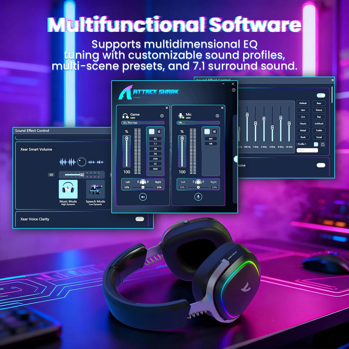 Attack Shark G800 2.4G Wireless Gaming Headset,Bluetooth 5.3,7.1 Surround Sound, Detachable Mic,1000mAh,RGB Headphones for PC/PS
