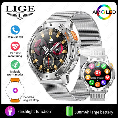 LIGE 1.43 Inch AMOLED Screen Bluetooth Call Flashlight 530mAh Outdoor Men Smart Watch Sports Health Monitor For Android IOS K65