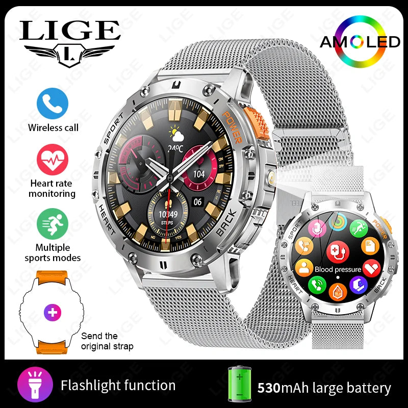 LIGE 1.43 Inch AMOLED Screen Bluetooth Call Flashlight 530mAh Outdoor Men Smart Watch Sports Health Monitor For Android IOS K65