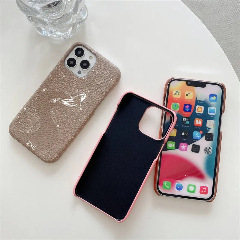 Personalised Letters Pebble Grain Leather Stars Whale Casesfor iphone 17 12 14 13 15 16 Pro Max 17 air 14Plus Luxury Hard Covers