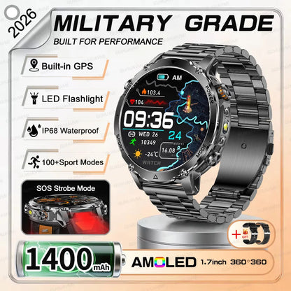 NEW Military 1400mAh Battery SmartWatch Men Outdoor LED Flashlight IP68 Waterproof Heart Rate SOS Bluetooth Call Sports Bracelet