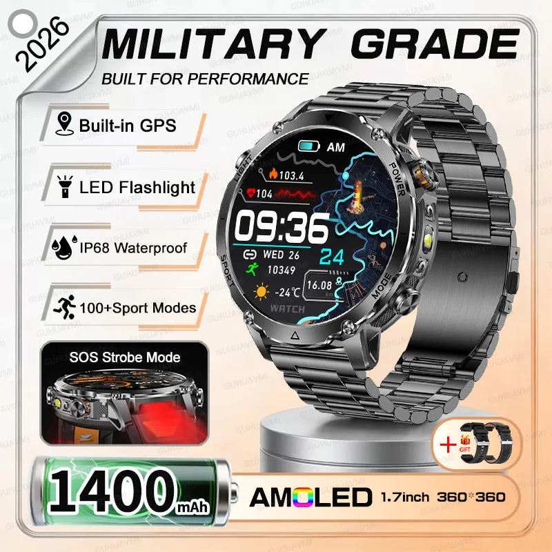 NEW Military 1400mAh Battery SmartWatch Men Outdoor LED Flashlight IP68 Waterproof Heart Rate SOS Bluetooth Call Sports Bracelet
