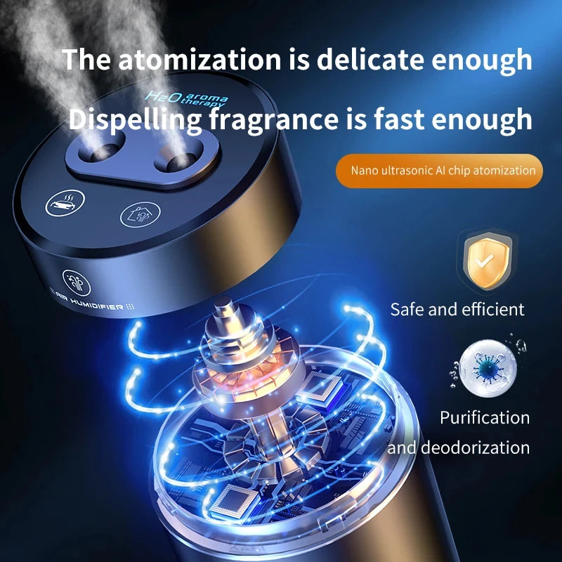 380ML Double Spray Vehicle Air Humidifier USB Charging Mini Essential Oil Diffuser with Mood Light Wireless Car Aroma Humidifier