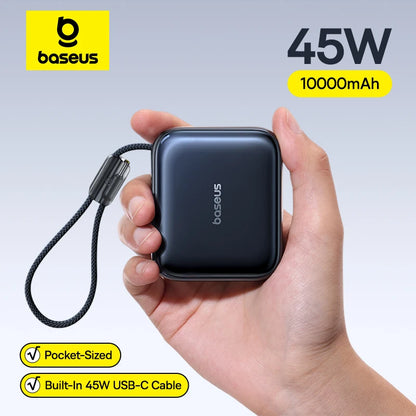 Baseus 45W Mini Power Bank 10000mAh Built-In USB-C Cable Pocket-Sized Smaller Fast Charge Portable For iPhone 18 17 Samsung S26