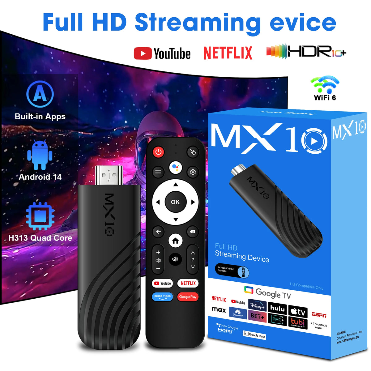 Android 13 MX10 Stick Streaming TV Stick Quad Core Cortex A53 Mali G31 GPU 8GB 128GB WiFi6 Voice Control Dongle