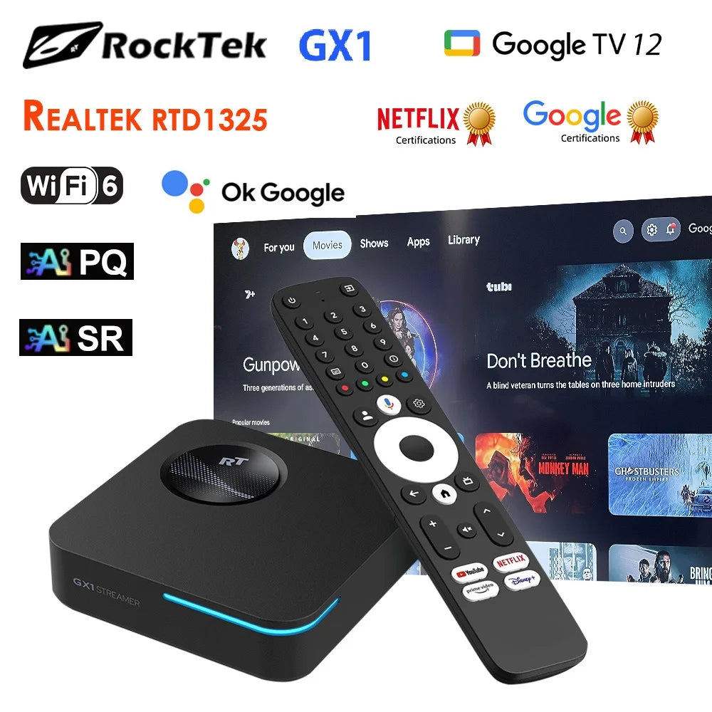 RockTek GX1 UHD Google TV 14 Box Netflix Google Certified 4GB 32GB Realtek1325 Support Dolby Atmos Vision Wifi6 BT Android TVBOX