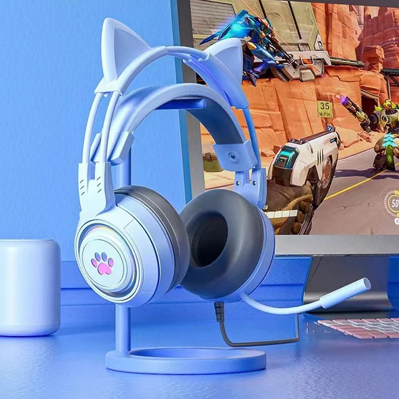 Cute Cat Ear Gaming Headphones with Mic Noise Reduced RGB Pink Girls Headset Gamer Accessories for PS4 Xbox Phone PC Kid Gift