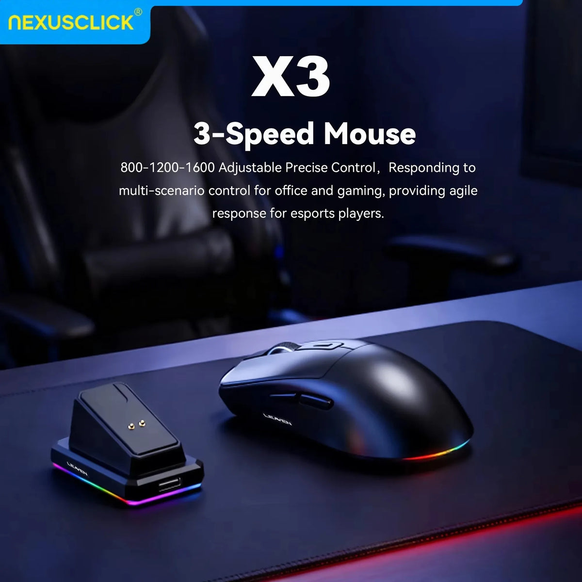NexusClick Dual Mode Wireless Gaming Mouse,Lightweight RGB Backlit Magnetic Charging Dock DPI Adjustable Ergonomic for Laptop PC