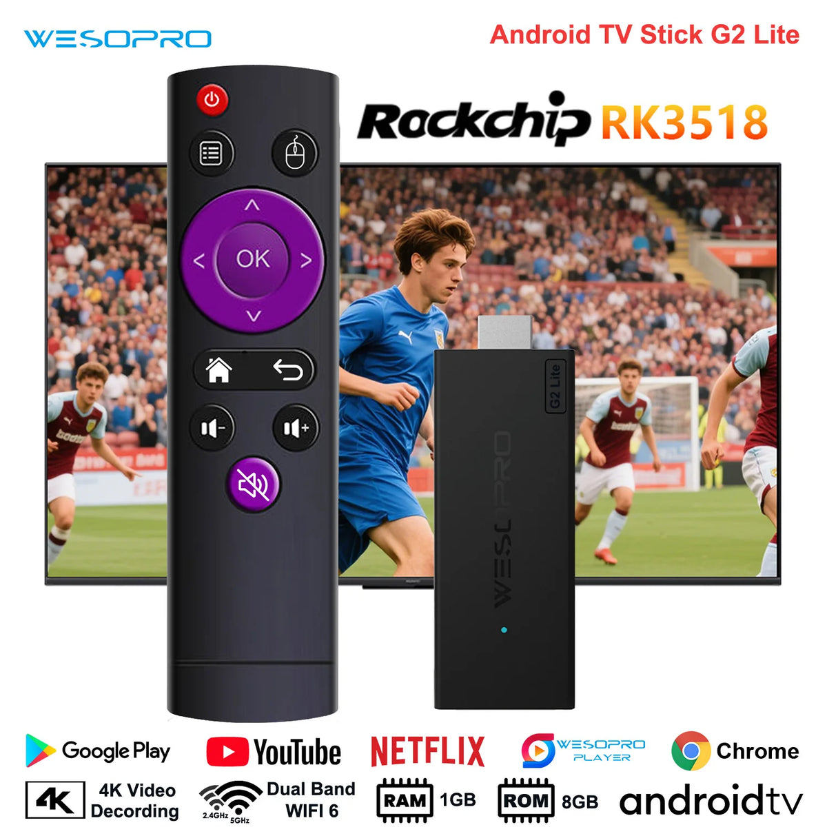 WESOPRO Android 14 TV Stick G2 Lite Smart IPTV Media Player 1GB RAM 8GB ROM Dual-band 2.4GHz/5.0GHz Wifi6 4K 30fps Fire Mi Stick