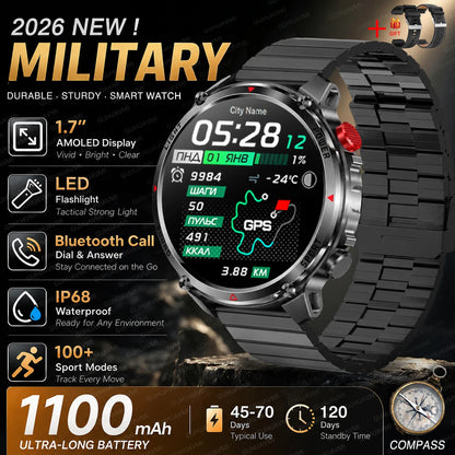New Men Outdoor Military 1100mAh Large Battery Smart Watch Compass GPS Track IP68 Waterproof LED Flashlight BT Call Smartwatch