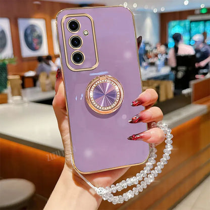 Crystal Strap Lanyard Luxury Circle Phone Holder Case For Samsung Galaxy S24 S20 S21 S22 S23 S25 FE Note 10 20 Plus + Ultra Back