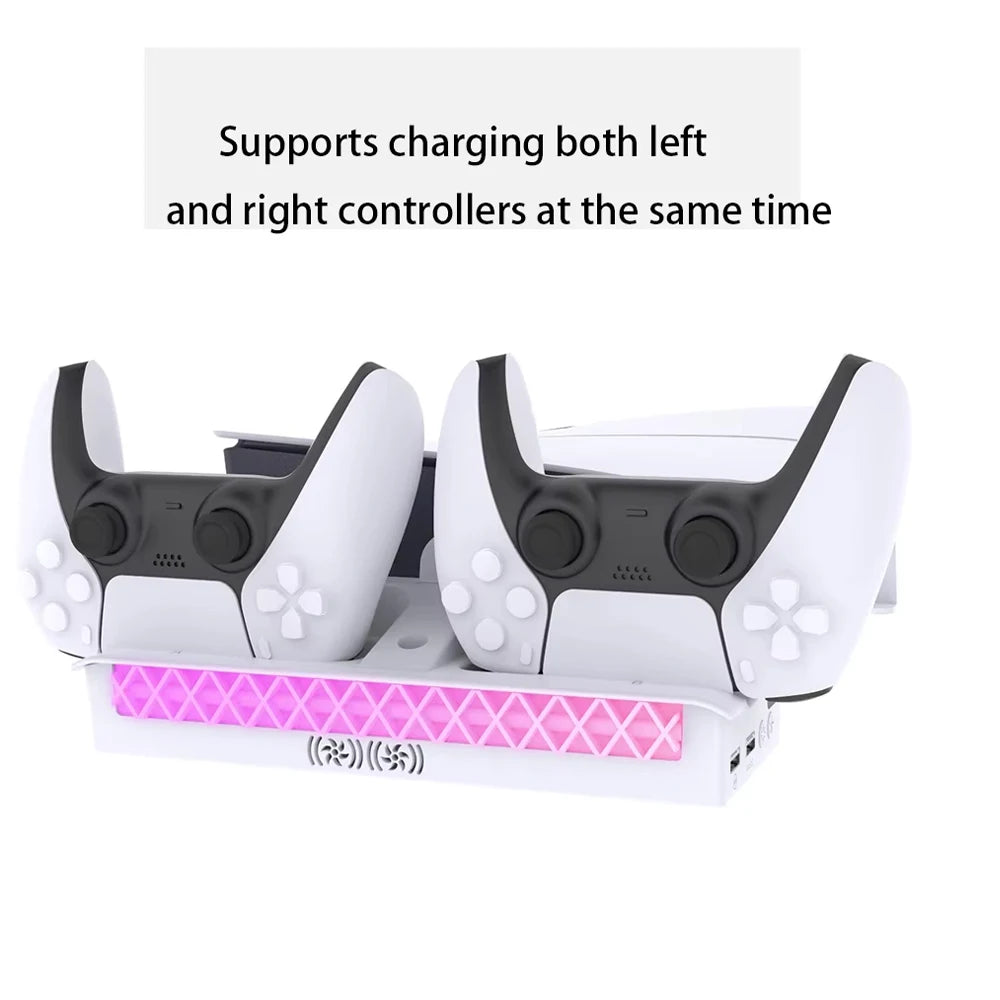 Horizontal Cooling Stand for PS5 Slim/Pro Disc Edition & Digital Edition RGB Light Controller Charger Dock Headset Holder