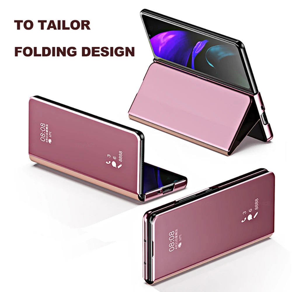 6 Colors Mirror Clear View Stand Flip Case For Samsung Galaxy Z Fold 2 3 4 5 6 7 8 Ultra Full Cover Folding Plathing Phone Cover