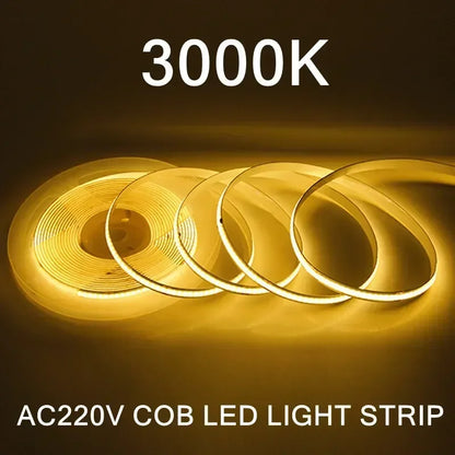AC220V COB LED Strip Light Flexible Tape Lights Smart IC No Need Driver High Bright 240 LEDs Linear Lighting RA95 Warm White 5m