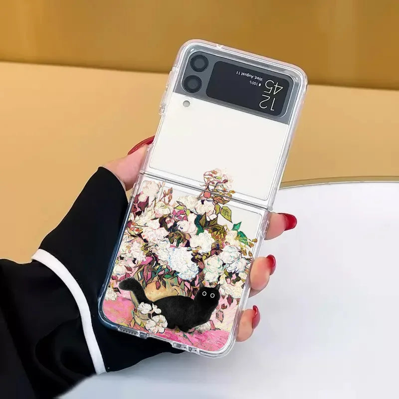 Retro Painting Van-Gogh Black Cat Case for Samsung Galaxy Z Flip 6 ZFlip7 Transaprent Cover for Samsung ZFlip 8 5 4 3 Fundas