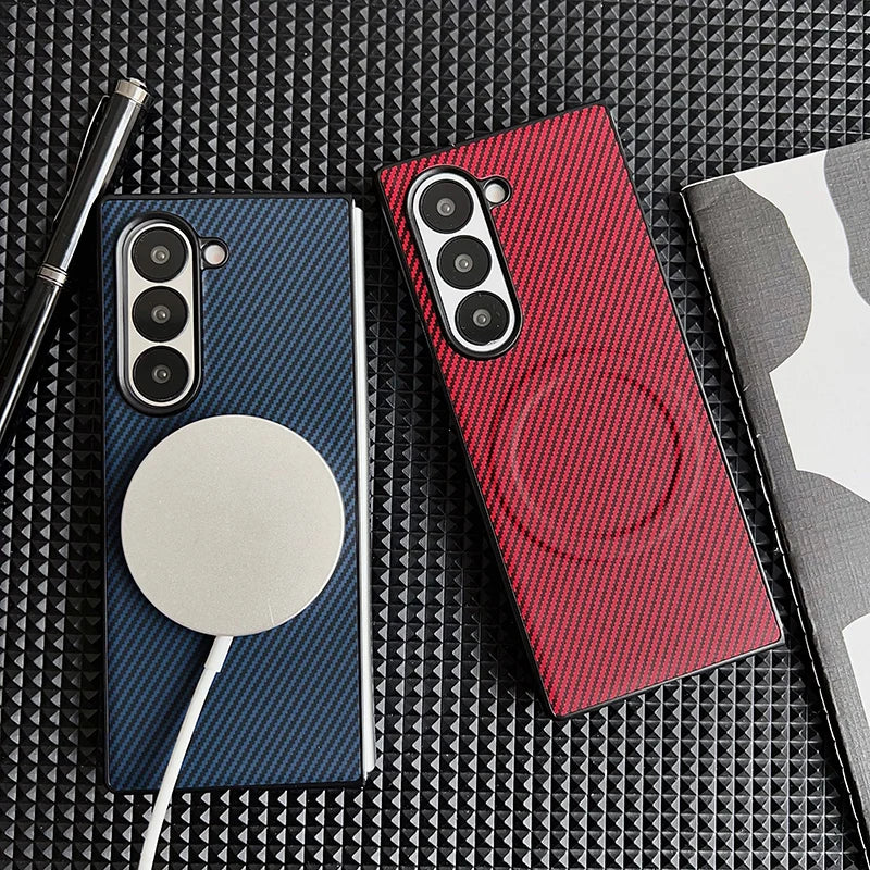 Carbon Fiber Pattern PU Leather For Magsafe Magnetic Case For Samsung Galaxy Z Fold 6 4 5 3 Fold6 Fold4 Fold5 Fold3 Back Cover