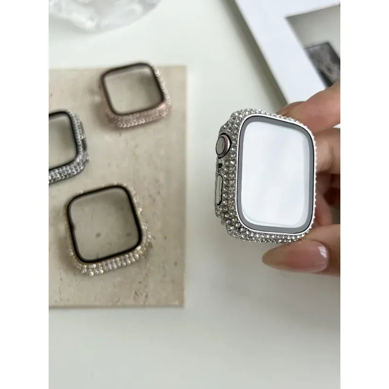 Rhinestone Decor Tempered Glass Screen Protector Watch Case For Apple Watch 38/40/41/42/44/45/46mm,Series SE/10/9/8/7/6/5/4/3/2