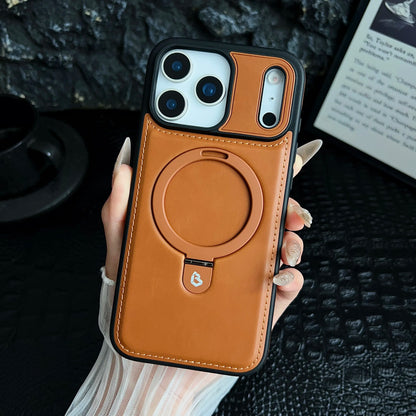 Luxury Magnetic Bracket Ring PU Leather Phone Case, For IPhone 17 16 15 Pro Max Air Magsafe Wireless Charging Hollow Logo Cover