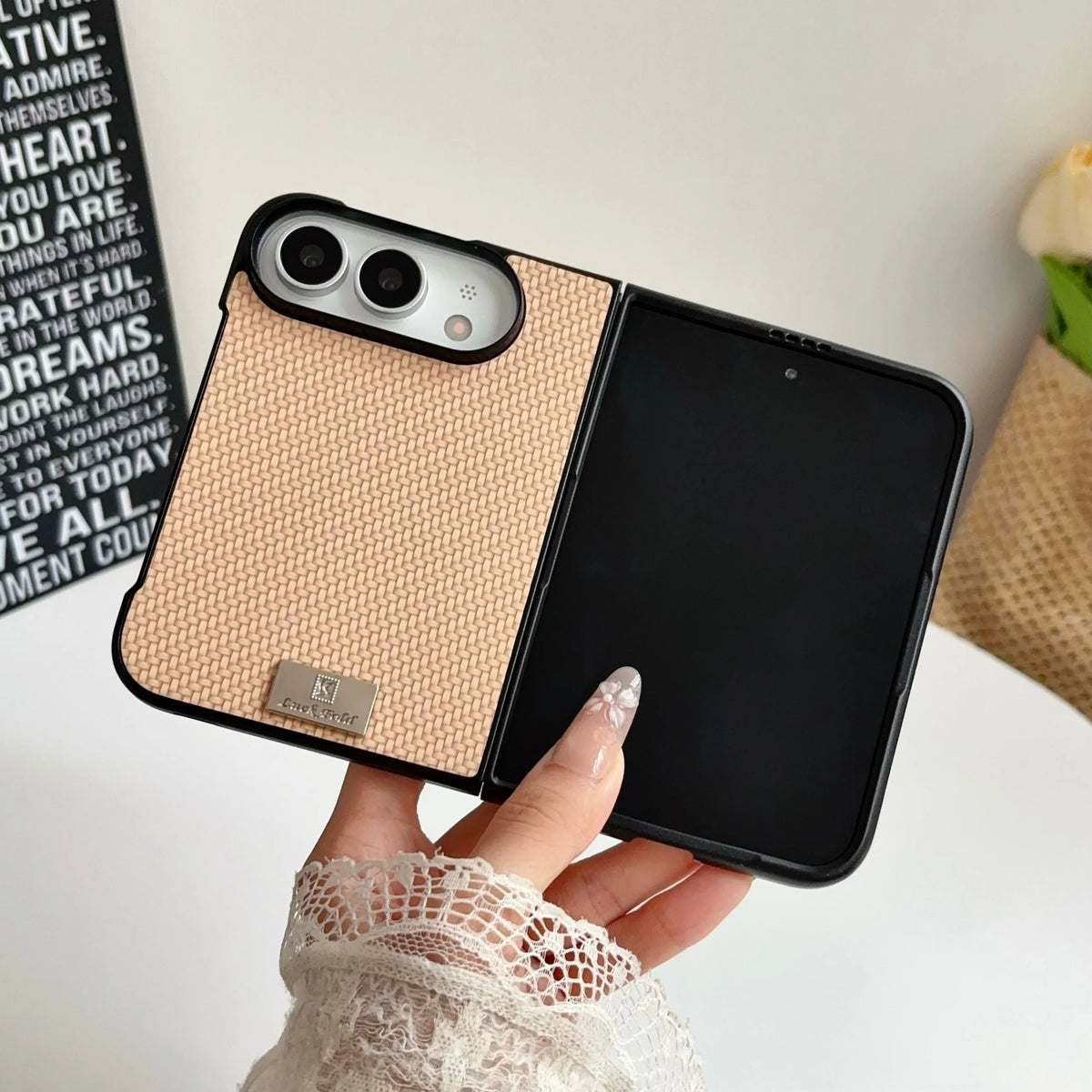 For iPhone Duo Fold Phone Case Crossbody Lanyard Solid Color Woven Case Shockproof Anti Scratch for iPhone Duo Protective Cover