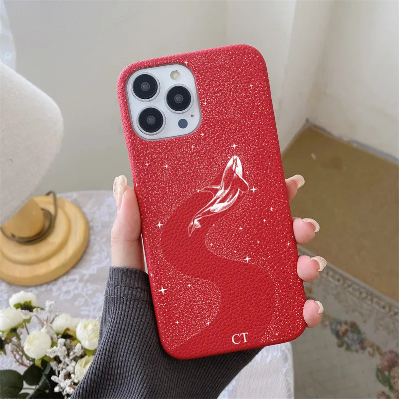 Personalised Letters Pebble Grain Leather Stars Whale Casesfor iphone 17 12 14 13 15 16 Pro Max 17 air 14Plus Luxury Hard Covers