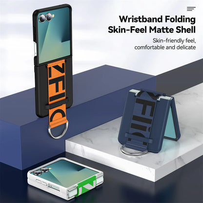 Wrist Strap Ring Holder Phone Case for Samsung Galaxy Z Flip 8 7 6 5 Luxury Matte PC Shockproof Hand Chain Band ZFlip 7 FE Cover