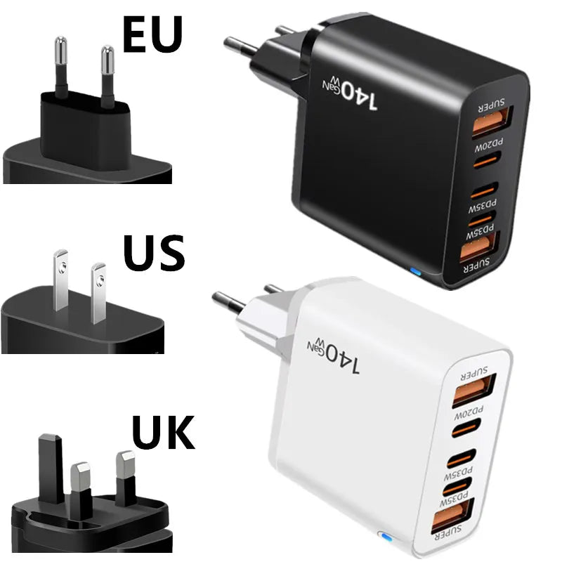 GaN 140W USB C Charger PD Fast Charging Travel Charger For iPhone Samsung Xiaomi Huawei OPPO Mobile Phone Adapter EU US UK Plug