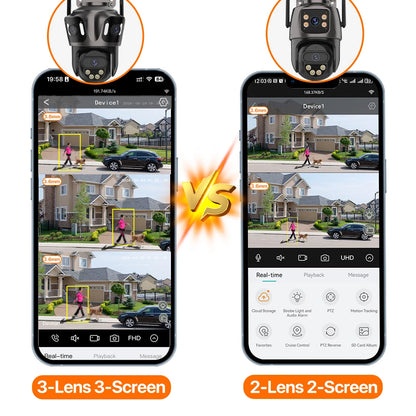 Three Screen WIFI IP Camera Outdoor 4K Dual Lens PTZ Camera AI Human Detection IP66 Waterproof CCTV Video Security Camera ICsee