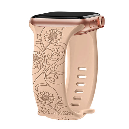 Floral Engraved Strap For Apple Watch Band 41mm 44mm 40mm 49mm 46mm 45 38 42 silicone bracelet iwatch series se 7 8 9 ultra 2 10