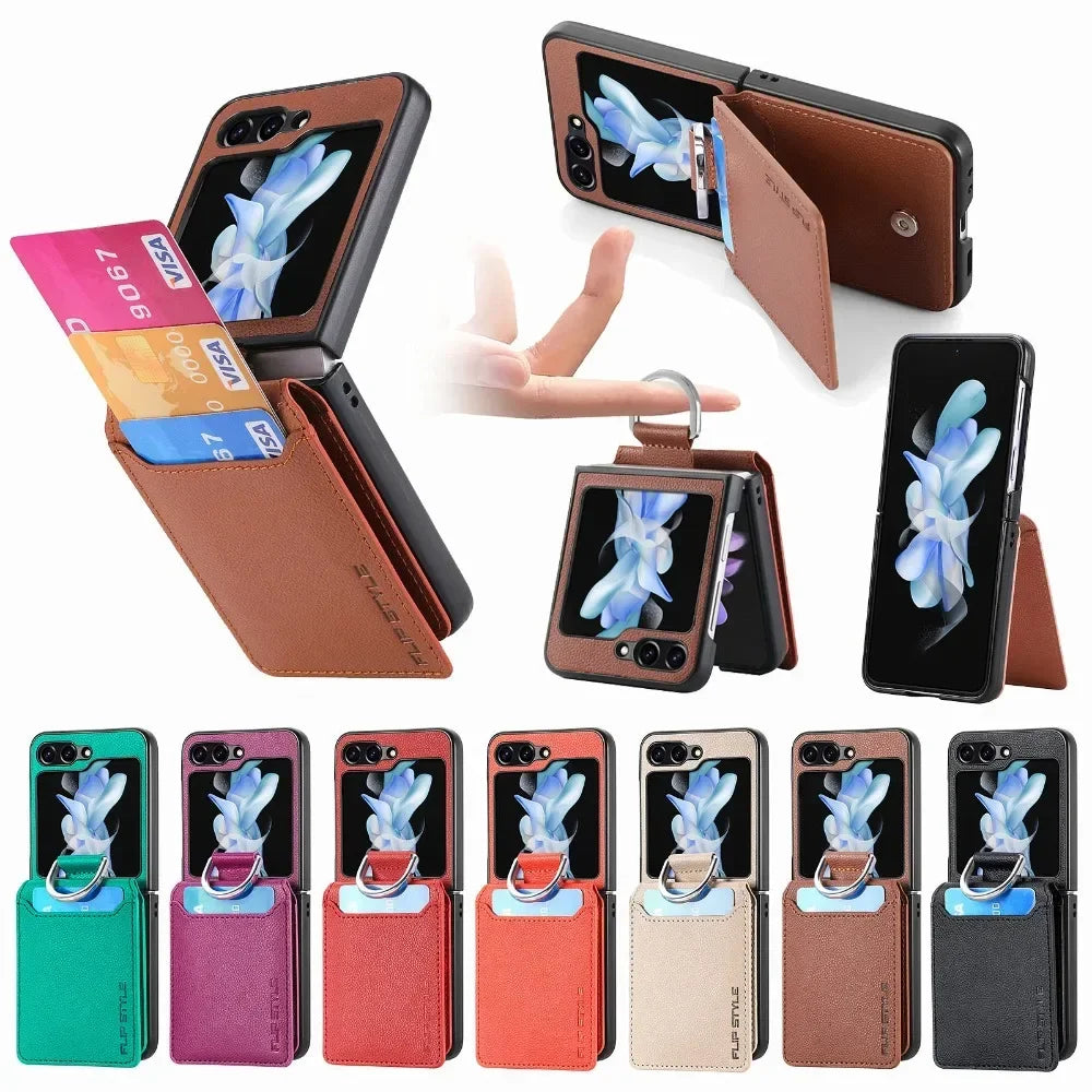 PU Leather for Samsung Z Flip 8 7 6 5 4 3 Flip6 Flip5 Flip4 Flip3 Flip7 Litchi Pattern Cover Ring Card Holder Wallet Phone Case