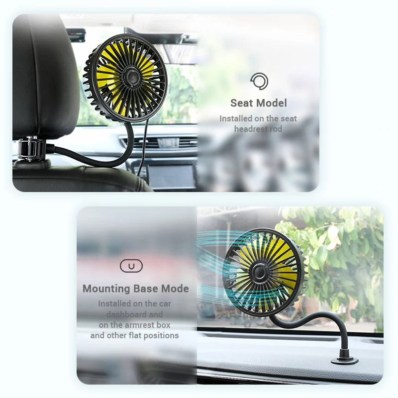 SEAMETAL Car Electric Fan Strong Wind 3-Speed Cooling Fan for Rear Seat Passenger Portable 360 Degree Rotatable Car Air Fan