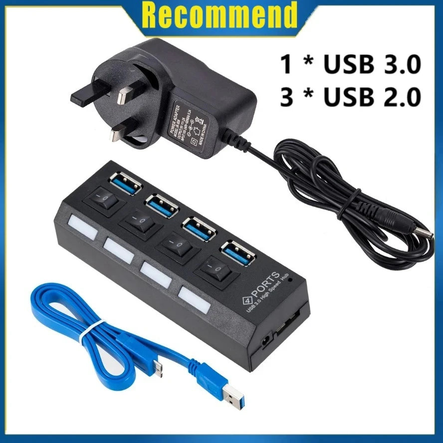 USB 3.0 2.0 Hub High Speed 4/7 Ports Multi USB Splitter USB Adapter Expander for Desktop PC Laptop Adapter with Switch Cable