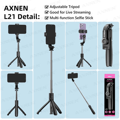 AXNEN L21 Phone Selfie Stick Cellphone Tripod with Extension Rod Bluetooth Remote Control for Android IOS Smartphone Shoot Vlog