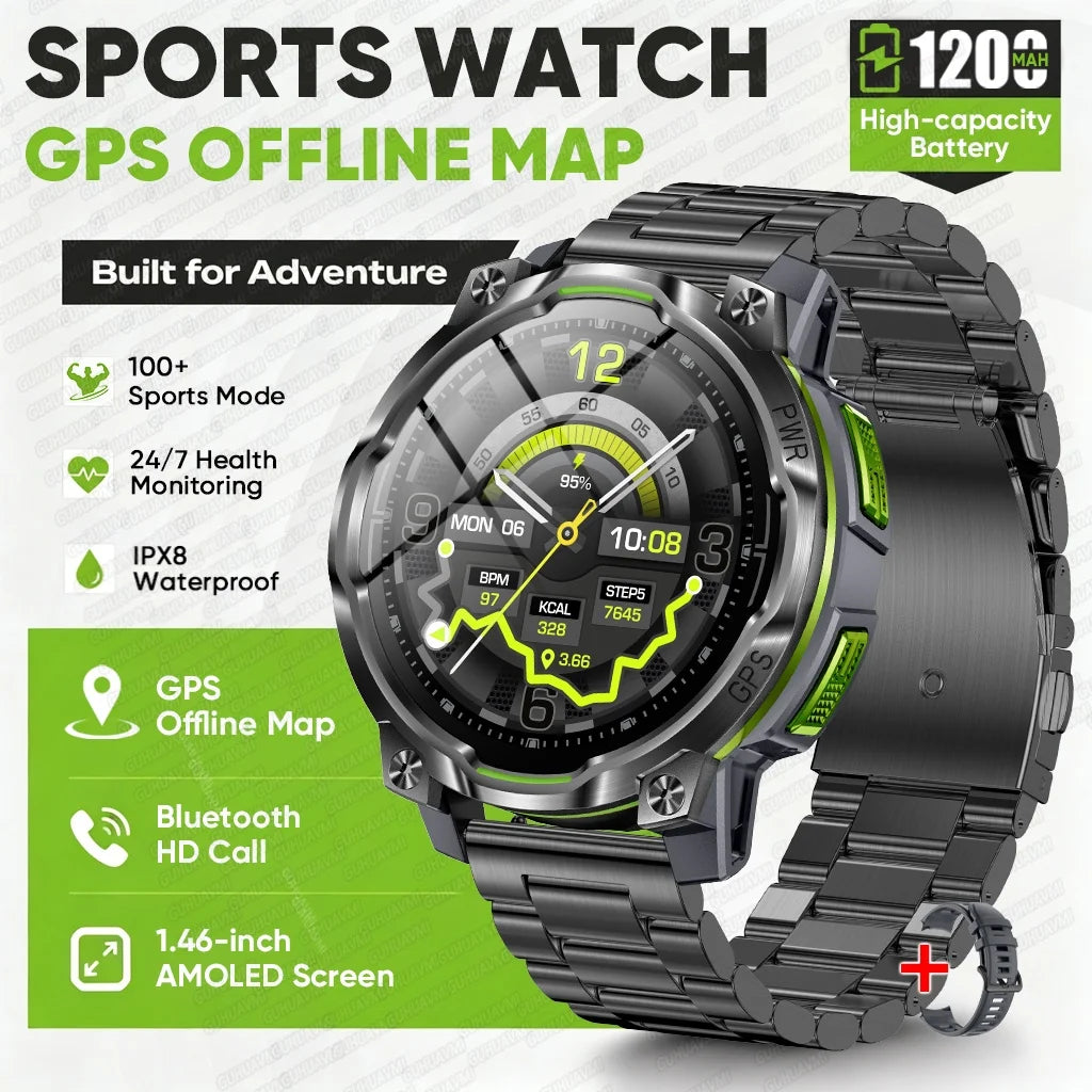 1200mAh Massive Power Outdoor GPS Smart Watch Offline Map 1.43“ HD Screen IPX8 Waterproof Compass Military 107+Sports Watch Men