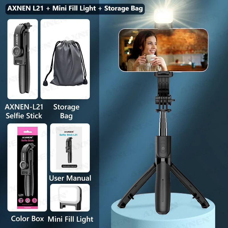 AXNEN L21 Phone Selfie Stick Cellphone Tripod with Extension Rod Bluetooth Remote Control for Android IOS Smartphone Shoot Vlog