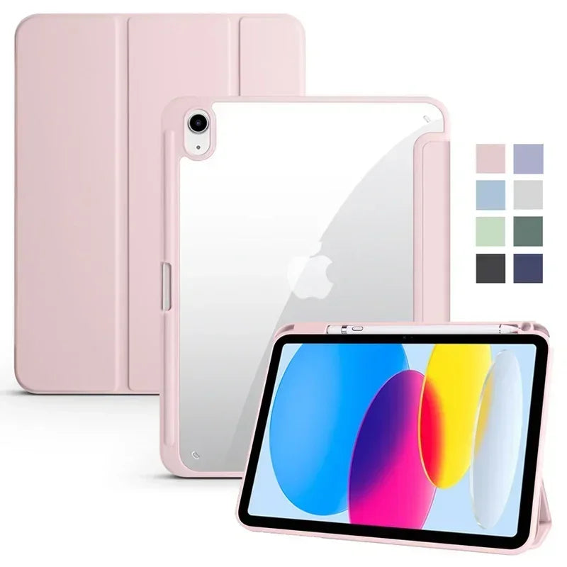 For iPad 10th Gen Case with Pen Holder Trifold Acrylic Clear Back Hard Cover For iPad 10.2 9.7 Air 11 5 4 iPad 11 A16 10 9 Case