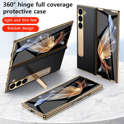 Leather Flip Case for Samsung Galaxy Z Fold 7 6 5 4 3 8 Fold8 ULtra Fold7 Plating Magnetic Hinge Stand Cover with Mirror Film