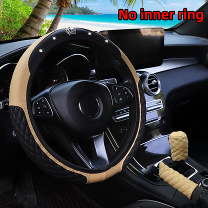 3Pcs PU Leather Crown Diamond Inlays Steering Wheel Cover Gear Shift Cover Handbrake Cover for Cars without Inner Ring