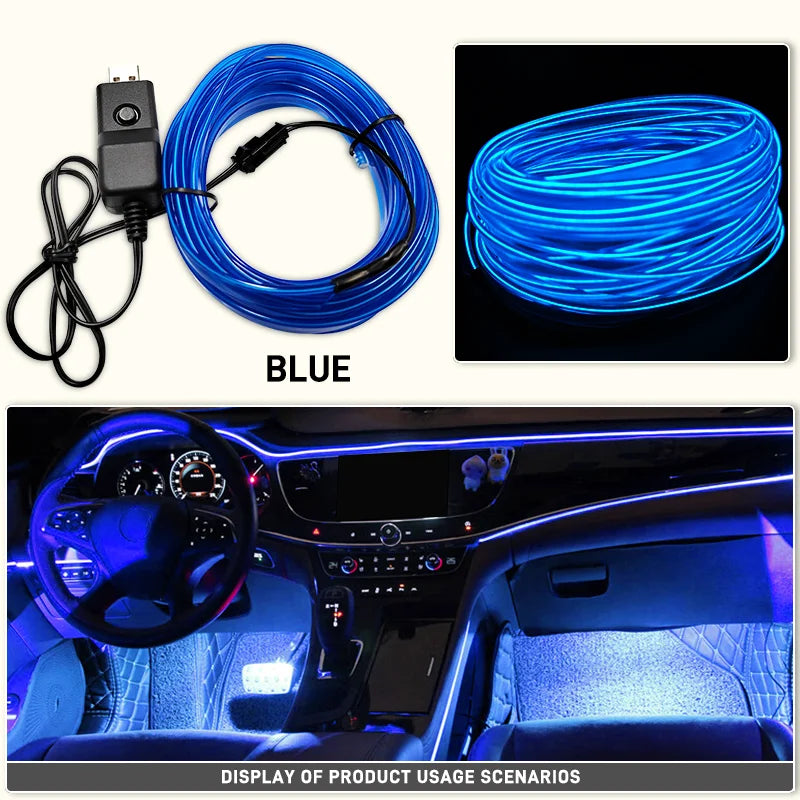 Car Interior Decorative Lamps EL Wiring Neon Strips Dashboard Auto LED Ambient Lights DIY Flexible Atmosphere Lamp 1M/3M/5M