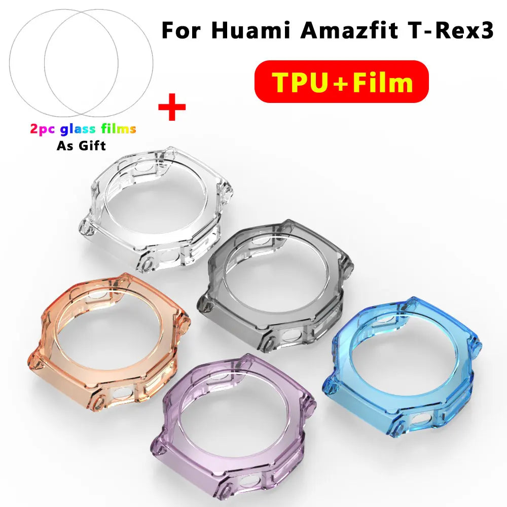 2-in-1 Protective Case + Screen Protector Glass for Amazfit T Rex 3 TRex 3 Smart Watch Bumper Protective Cover Tempered Glass