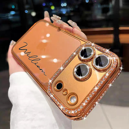 Custom Letters Name Starry Orange Rhinestone Glitter Frame Transparent Phone Case For iPhone 11 12 13 14 15 16 17Pro Max 17 Air