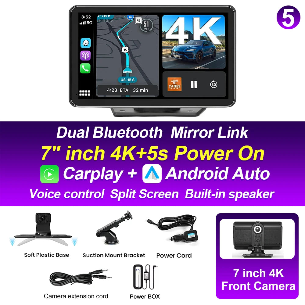 XIMA 7 inch Dash Cam 4K Car DVR Wireless Carplay Android Auto GPS Navigation Video Recorder Dashboard Dual Lens Reversing