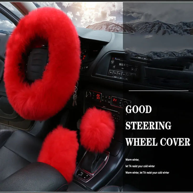 YESPLEASE 3pcs/set Wool Winter Car Steering Wheel Cover Long Australian Wool Heated Fur Handbrake Gear Shifter Cover