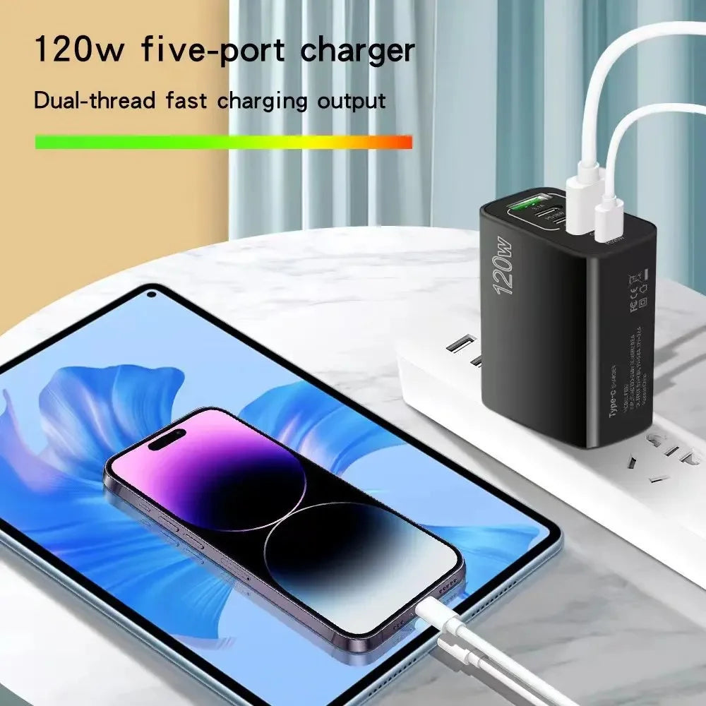 120W 5 Ports USB Charger Type C Fast Charging Mobile Phone Travel Wall Adapter For iPhone 15 Samsung Xiaomi Huawei EU/US/UK Plug