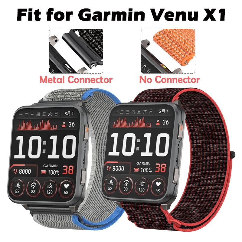 For Garmin Venu X1 Watch Strap Nylon Two-Section Wristband Smart Breathable Metal Mid-Ring Loop Replacement Watch Strap