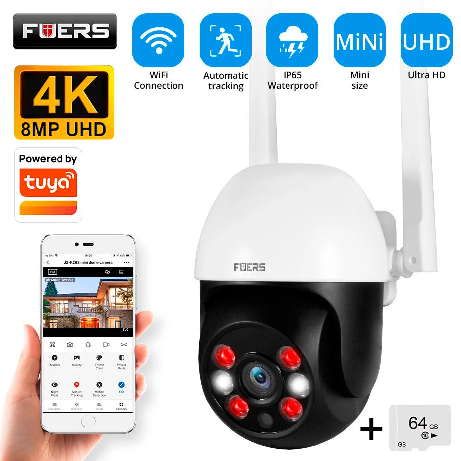 Fuers 8MP 4K IP Camera Outdoor Home Security Auto Tracking AI Human Detection WIFI CCTV Surveillance Camera Work With Tuya Smart