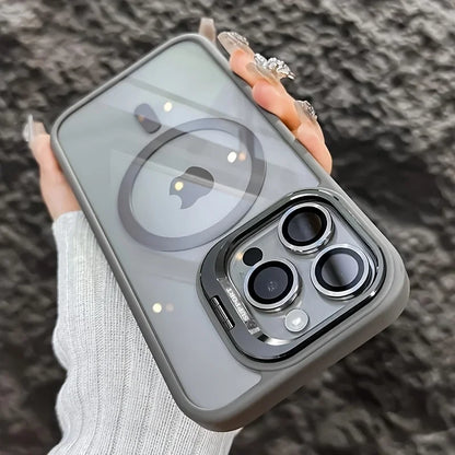 3 Pieces Set: 1 Magnetic Wireless Charging Compatible Case with Foldable Camera Bracket, Shockproof + 2 HD Anti-fingerprint Anti-scratch Tempered Glass Screen Protectors for iPhone 17 16 15 14 13 12 11 Pro Max, Ideal Mobile P