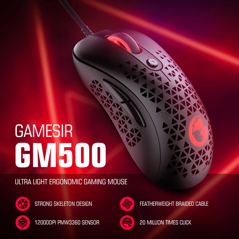 GameSir GM500 Wired Gaming Mouse Super Lightweight PC Mouse with PMW33600 Optical Sensor 12000 DPI for Windows 7 10 11