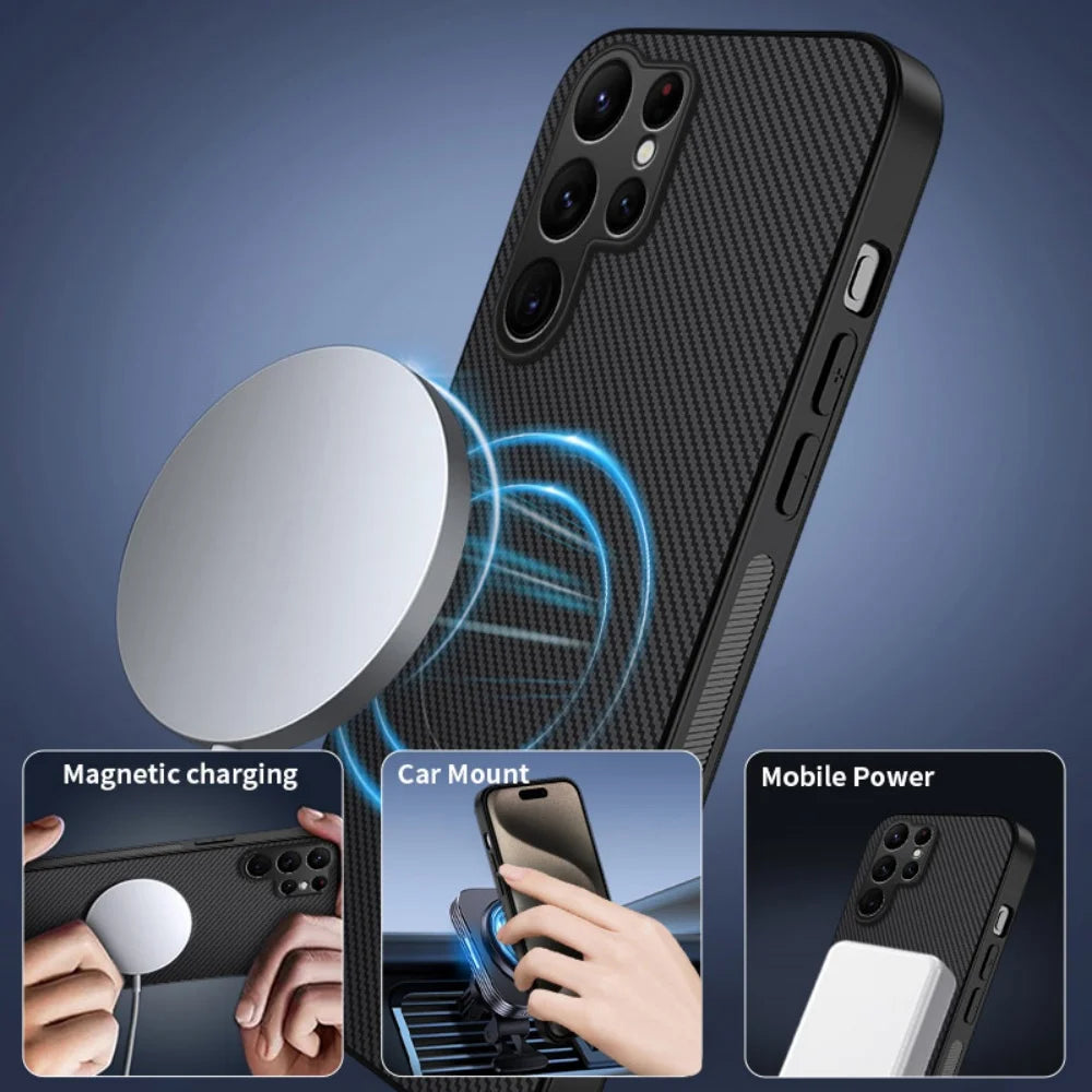 Luxury Matte Carbon Fiber Magnetic For Magsafe Armor Phone Case Samsung S26 Ultra S25 S24 FE S23 S22 Plus S21 S20 FE A56 A36 A26