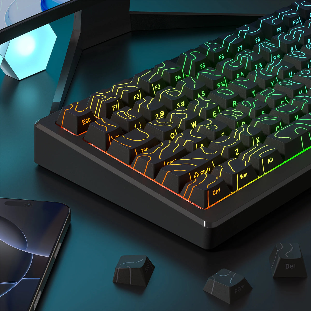 RGB Backlit Keycaps Cherry Profile Black Topographic 4.0 Side-lit Double Shot PBT Keycaps for Cherry MX Switches Gaming Keyboard