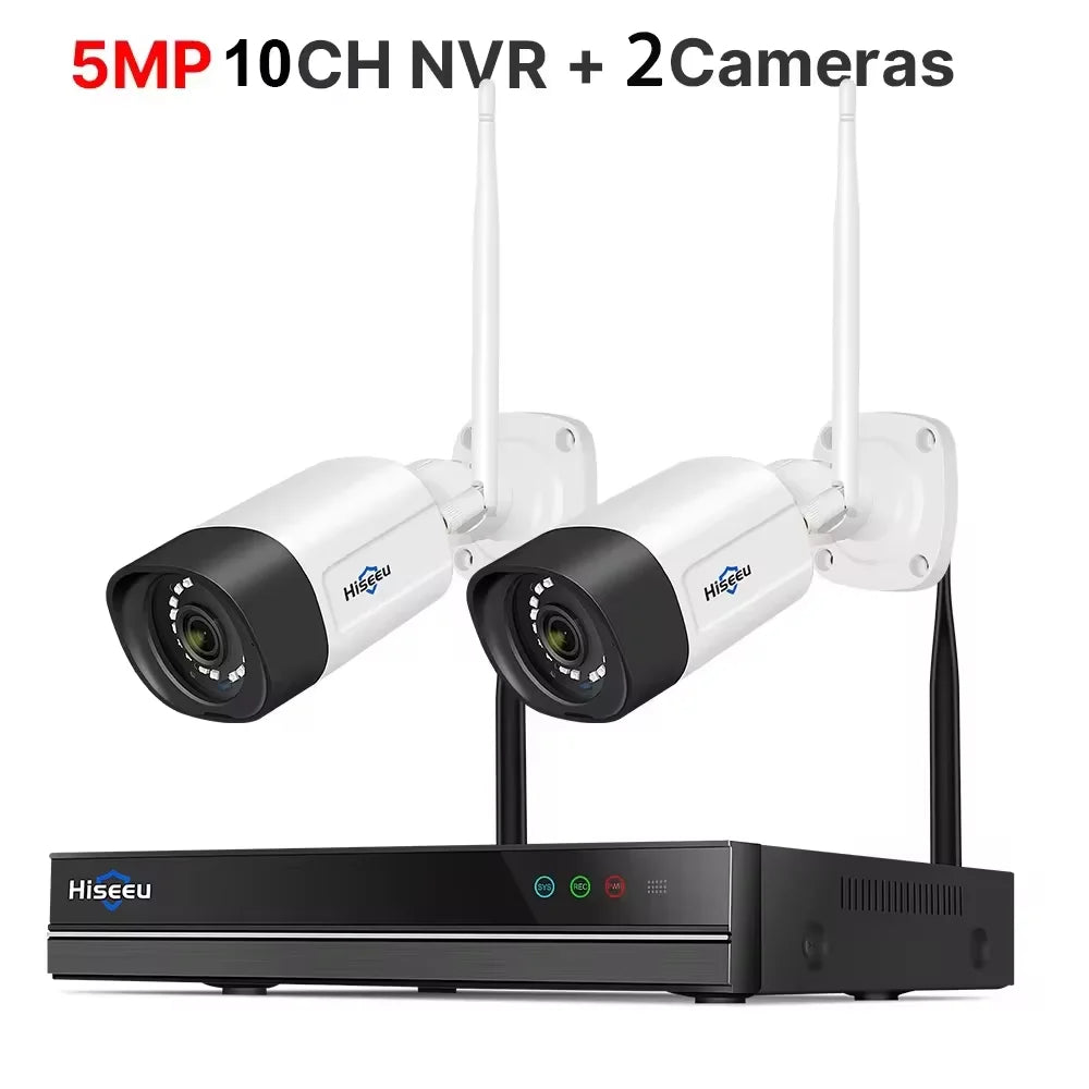 Hiseeu 5MP Wifi Surveillance Camera System Color Night Vision P2P Wireless Street Security CCTV Camera Kit 10CH Wireless NVR Set